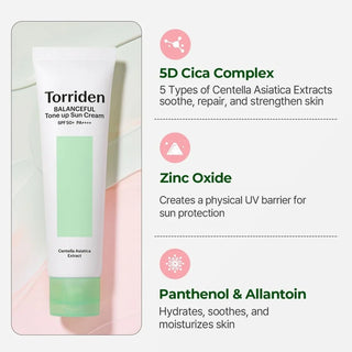 Torriden Balanceful Cica Tone-up Sun Cream SPF50+ PA++++ in 60mL tube, with a smooth, hydrating texture and calming ingredients.