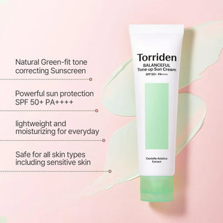 Torriden Balanceful Cica Tone-up Sun Cream SPF50+ PA++++ in 60mL, with light texture and soothing formula for brightening and sun protection.