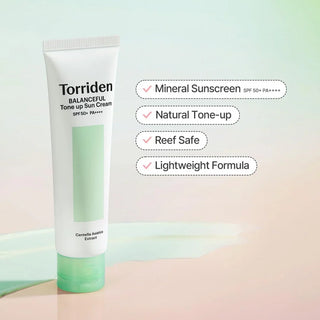 Torriden Balanceful Cica Tone-up Sun Cream SPF50+ PA++++ in 60mL tube, lightweight sun protection with skin tone-up benefits.