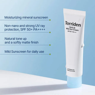 Torriden Dive-In Mild Sun Cream SPF50+ PA++++ in a 60mL tube, featuring a smooth, lightweight formula for daily sun protection.