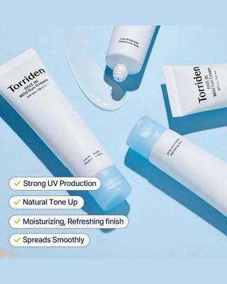 Torriden Dive-In Mild Sun Cream SPF50+ PA++++ in a 60mL tube, featuring a lightweight formula for sun protection and skincare.