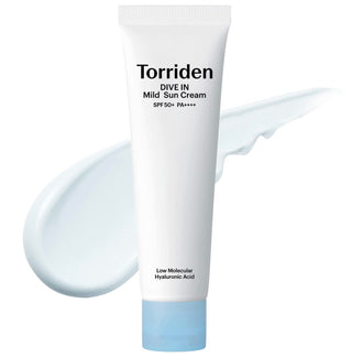 Torriden Dive-In Mild Sun Cream SPF50+ PA++++ in 60mL tube, with a smooth texture and lightweight formula for daily sun protection.