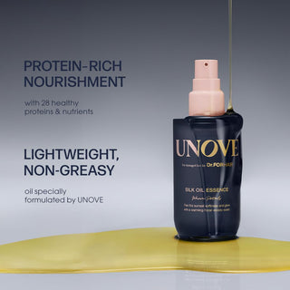 Unove Silk Oil Essence 70ml bottle showing smooth, shiny hair with the product applied, highlighting hair nourishment and shine.
