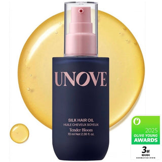 Unove Silk Oil Essence 70ml hair essence bottle with a sleek, clear container and golden cap, showcasing shiny, smooth hair.