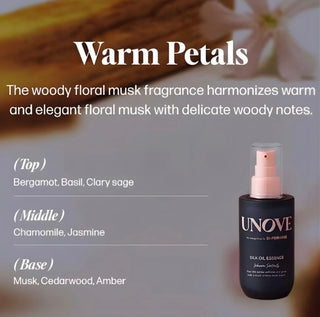 Unove Silk Oil Essence 70ml bottle showing smooth, shiny hair with the nourishing hair essence displayed in a clear, elegant bottle.