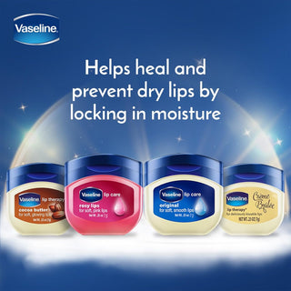 Vaseline Lip Therapy Mini Jar 7g with two scented lip balm containers, showing smooth, moisturizing Vaseline lip balm in small jars
