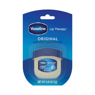 Vaseline Lip Therapy Mini Jar 7g with two scents, showing a small, round Vaseline lip balm container with a smooth lid.
