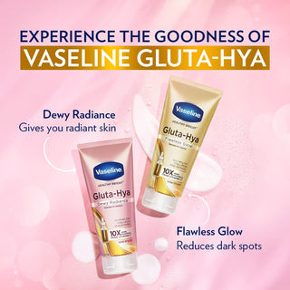 Vaseline Gluta-Hya Dewy Radiance Lotion 200mL bottle with a clear, moisturizing design and label showing radiant skin benefits.