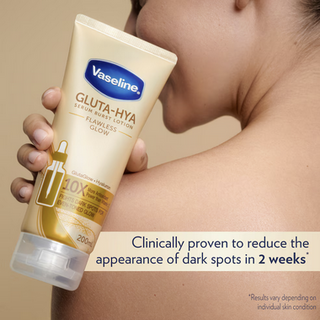 Vaseline Gluta-Hya Flawless Glow Lotion 200mL bottle showing the moisturizing lotion with a smooth, glowing skin effect.