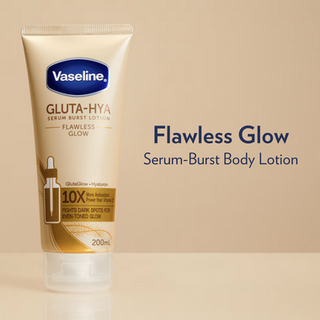 Vaseline Gluta-Hya Flawless Glow Lotion 200mL bottle with white and purple packaging, moisturizing skin and enhancing glow