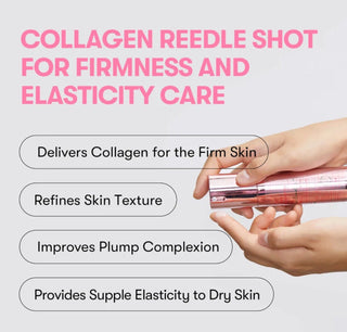 VT Cosmetics Collagen Pink Reedle Shot 100 ampoule in a clear glass bottle with a white cap, showcasing the skincare product.