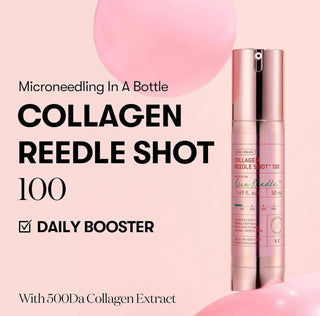 VT Cosmetics Collagen Pink Reedle Shot 100 ampoule in a clear glass vial with pink liquid, showcasing the skincare product.