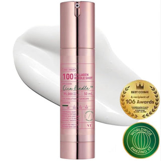 VT Cosmetics Collagen Pink Reedle Shot ampoule in a clear bottle, showcasing the product's vibrant pink color and sleek packaging.