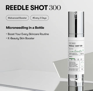 VT Cosmetics Cica Reedle Shot essence bottle, clear container with dropper, showcasing the skincare product for soothing skin.
