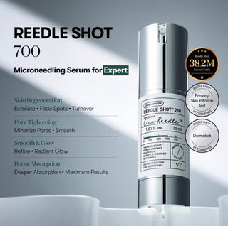 VT Cosmetics Cica Reedle Shot 700 essence bottle, clear glass container with dropper for skincare application.