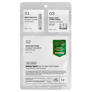 VT Cosmetics Reedle Shot All-in-One 3-Step Face Mask with three containers, including small ampoules and a larger mask sheet.