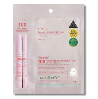 VT Cosmetics Collagen Pink Reedle Shot 2-Step Face Sheet Mask with 1.5g and 25g sections, hydrating skincare treatment.