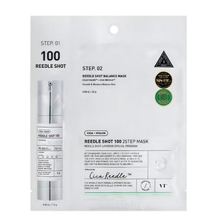VT Cosmetics Reedle Shot 100 2-Step Face Sheet Mask, 1.5g, showing the mask sheets and packaging.