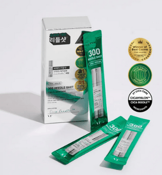 VT Cosmetics Reedle Shot 300 serum and cream pouch, 10-pack of 2mL sticks, featuring sleek pouch design and product branding.
