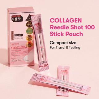 VT Cosmetics Collagen Reedle Shot serum in 10 pouches, 2mL each, with a sleek pouch design and clear branding visible.