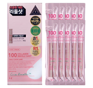 VT Cosmetics Collagen Reedle Shot serum in 100 stick pouches, 2mL each, featuring a clear, easy-to-use serum applicator pouch.