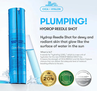 VT Cosmetics Hydrop Reedle Blue Serum in 50mL bottle, close-up of the serum's sleek packaging and vibrant blue color.