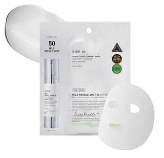VT Cosmetics Mild Reedle Shot 2-Step Mask for skin care, featuring a 1.5g mask sheet in a sleek packaging.